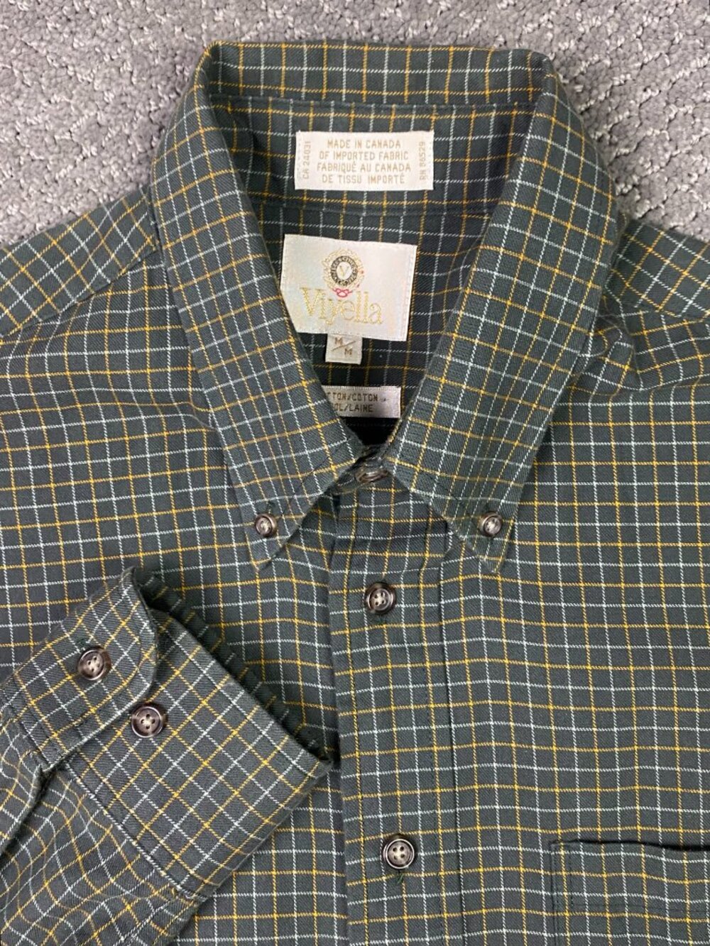 Vintage Viyella Button Down Shirt Mens Medium Green Plaid Check Cotton Wool